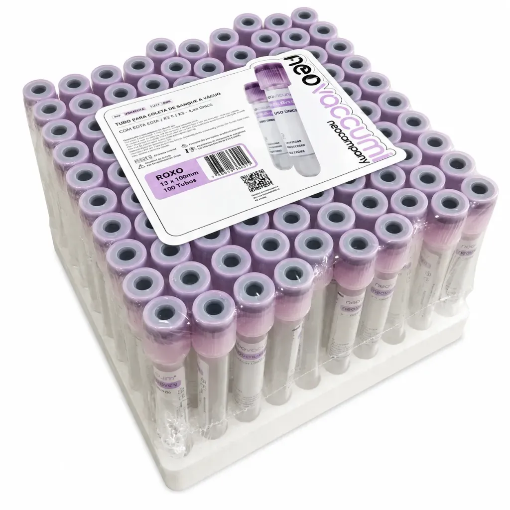 Tubo Coleta Sangue Vacuo Plastico EDTA - K2 + Gel Sep Roxo 5ml c/ 100un Neolab